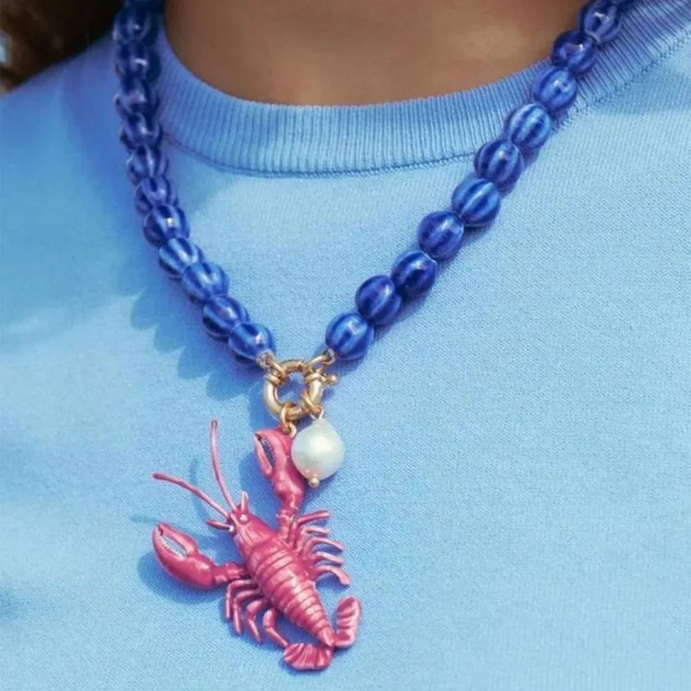 Blue Beaded Necklace with Pink Lobster Pendant A1217